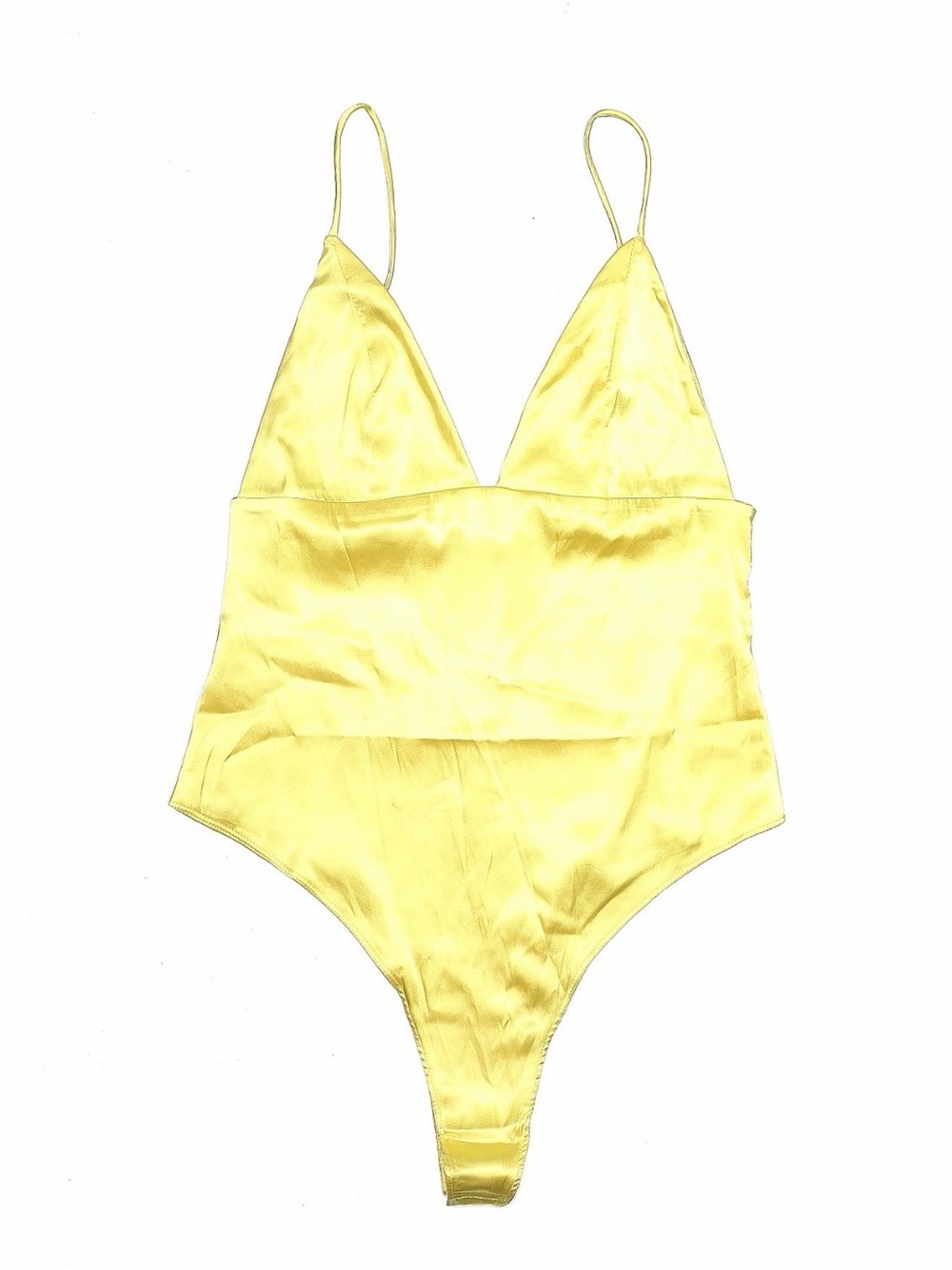 Satin Yellow V-Neck Spaghetti-Strap Bodysuit